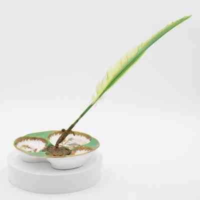 White and Green Plate with Brass Quill Stand and Quill