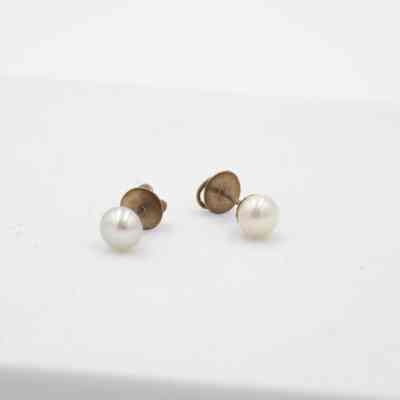 Pair of pearl stud earrings that belonged to Mrs. Jessie Jordan.: Up close image of the pair of pearl stud earrings with gold posts and screw backs.