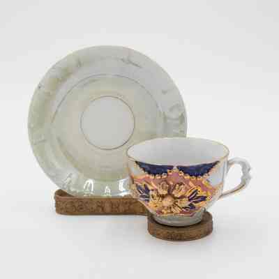 Celadon Green Saucer and Cup with Gold Toned Stand