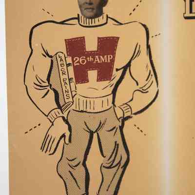 Left Side of Letter: Close-up image of the left side of the letter with a cartoon depiction of a muscular man. The man has dark pants on and is wearing a turtleneck with a crimson "H" on it, the words "26th AMP" in the middle of the H. The man's head is replaced with a black and white headshot of Leland Jordan.