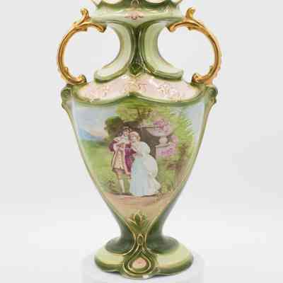 Green and Gold Porcelain Amphora with Painted Scene