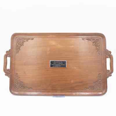 1957 Footed Carved Wooded Tray with Plaque