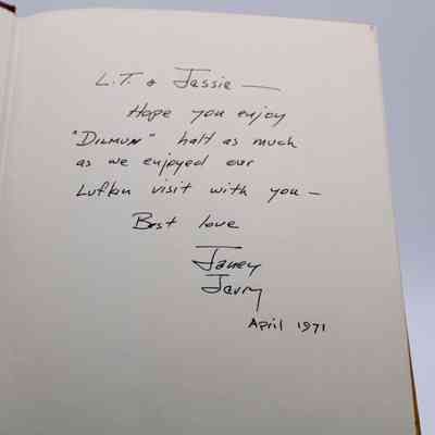 Handwritten note inside front cover: In black pen, "L.T. and Jessie, Hope you enjoy "Dilmun" half as much as we enjoyed our Lufkin visit with you- Best Love, Janey and Jerry, April 1971."