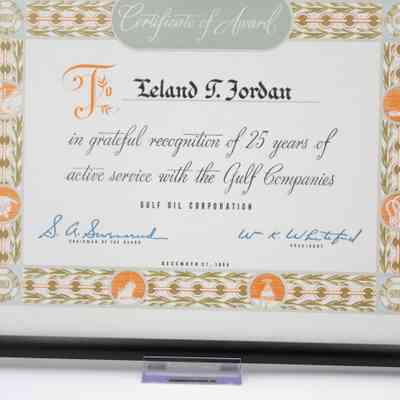 Close up of award details: "Certificate of Award; To Leland T. Jordan in grateful recognition of 25 years of active service with the Gulf Companies."