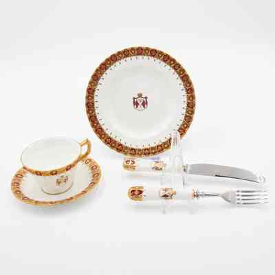 Royal Crown Derby China Red and Gold Kuwaiti Crest Table Setting