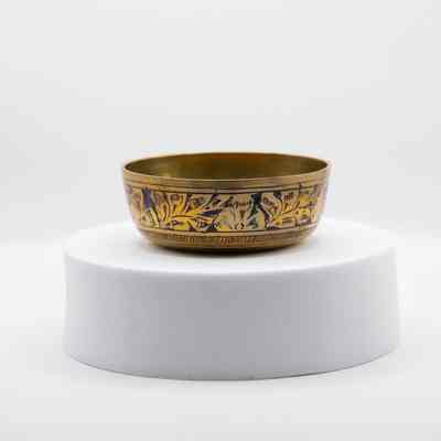 Brass Finger Bowl with Blue and Red Enameled Leaf Design