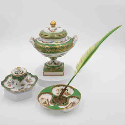 Quill stand, ink well and tureen: A set of matching white and green dishes, all with gold and floral/organic details.