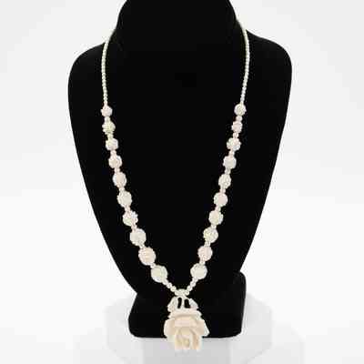 Ivory Necklace with Engraved Beads and Rose Pendant
