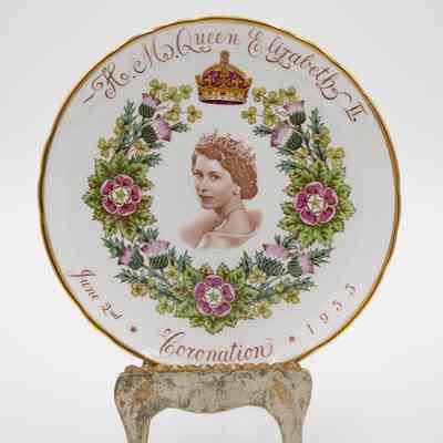 Commemorative Queen Elizabeth II Coronation Plate on Wood Stand