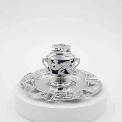 Silver Ashtray with Dragons and Lighter with Blue Cobalt Glass Reservoir