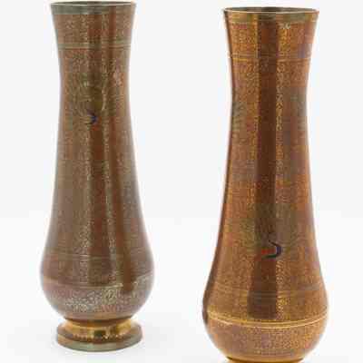Pair of Tall Brass Red Peacock Vases