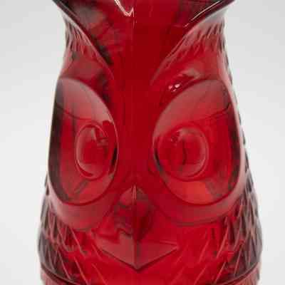 Red Viking Glass Owl Fairy Light.: Up close image of the red owl-shaped, tall candle light.