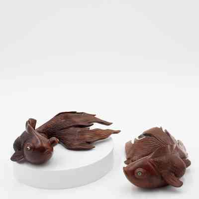 Pair of Carved Red Wood Goldfish with Ivory Eyes