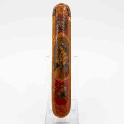 Red and Yellow Wood Spanish Fan Case with Portrait of a Woman