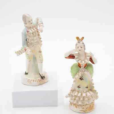 Pair of Dancing Adults Japanese Porcelain Figurines in Colonial Dress