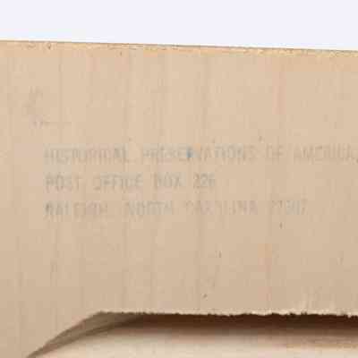 Return Address: Image of the back corner of the certificate which features the return address of the sender. In faded blue ink on wood it reads "Historical Preservations of America, Inc. Post Office Box 226 Raleigh, North Carolina 27602."