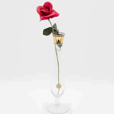 Silk Red Rose in Glass Vase with Gold Band