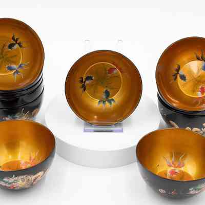 Set of Black Oriental Soup Bowls with Painted Dragon and Gold Interior with Painted Fish