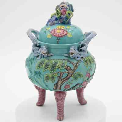 Turquoise Chinese Footed Incense Burner with Dragon Handles