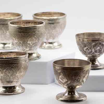 Set of Small Persian Silver Goblet Cups Engraved with Leaf Design