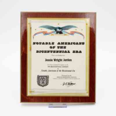 Notable Americans of the Bicentennial Era Certificate for JW Jordan