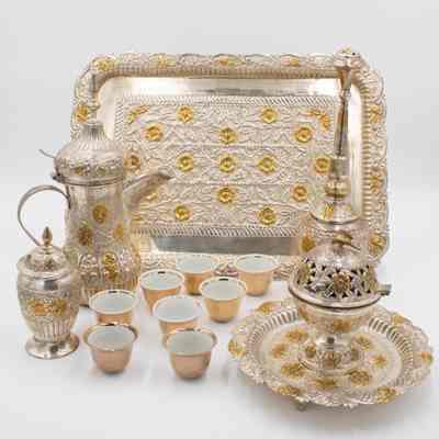 Silver Coffee Service with Gold Rose Inlay