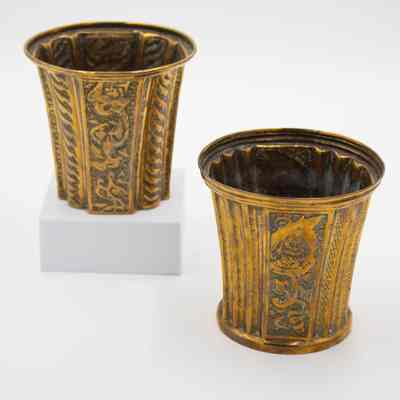 Brass Cachepots with Birds, Flowers, and People Etched on the Sides