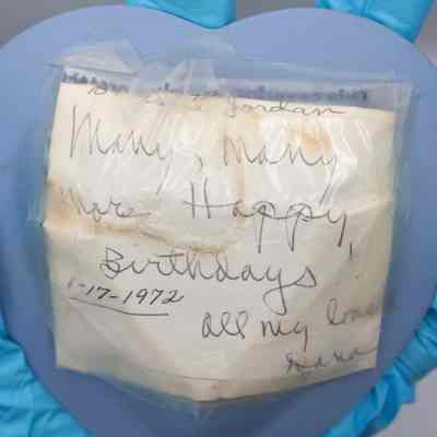 Back of blue Wedgewood Jasperware dish: A taped on hand written note, "to Jessie Jordan. Many, many more Happy Birthdays! 1-17-2972, all my love, Dana"