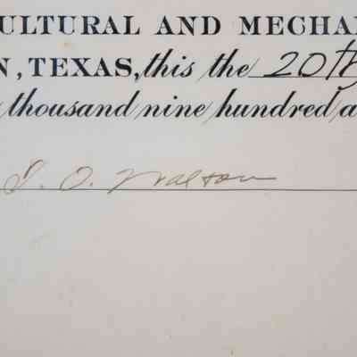 President Signature: Close-up image on the certificate where President of Texas A&M Thomas Otto Walton signed.