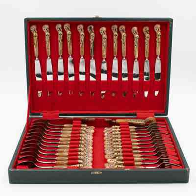 Set of Flatware with Beige Seahorse Handles in Red Felt-Lined Case