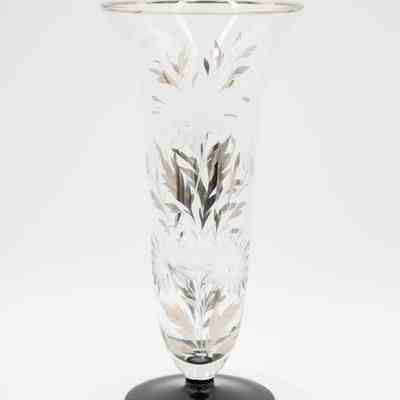 Crystal Vase with Silver Leaf Etched Flower Design and Black Base