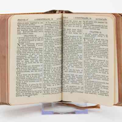 Inside of New Testament: The image shows an open New Testament book displaying text from 1 Corinthians chapters 12 and 13