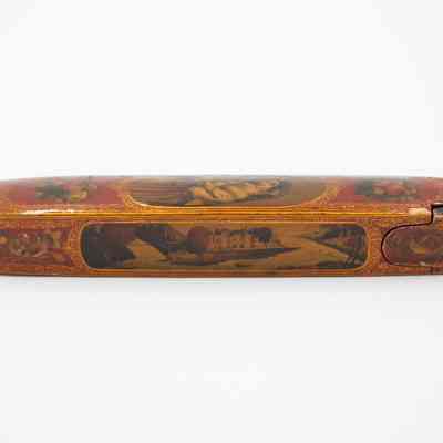 Side of fan case: A beautifully decorated Spanish fan case displays intricate paintings and floral designs. A Spanish castle is featured on the side.
