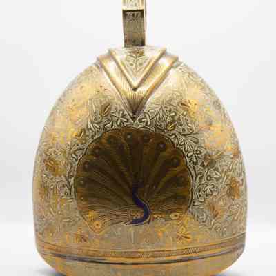 Large Brass Cowbell with Peacock Design