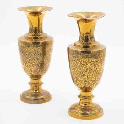 Pair of Urn-Shaped Brass Vases Etched with Floral Design
