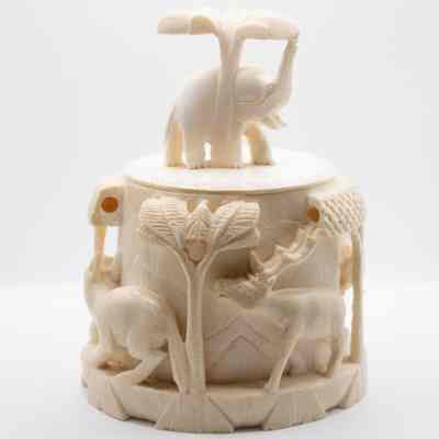 Round Carved Ivory Lidded Box with Animals