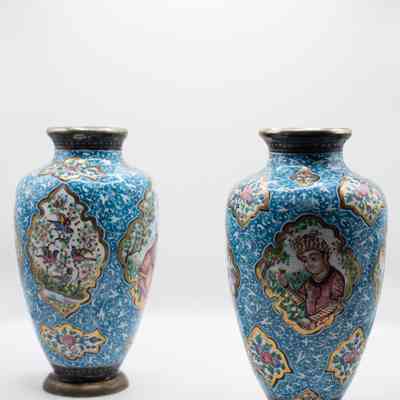 Pair of Small Blue Enameled Vases Decorated with People and Birds