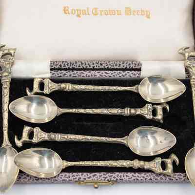 Set of Brass Capri Spoons with Goats on Handles in Royal Crown Derby Case