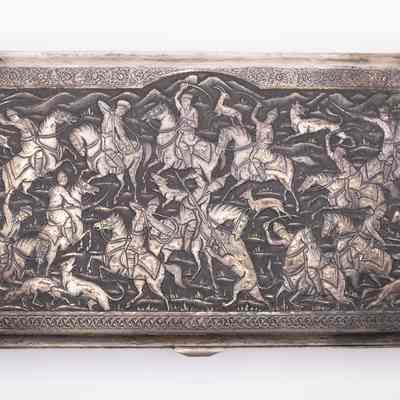 Small Rectangular Chased Silver Box with Hunting Scene