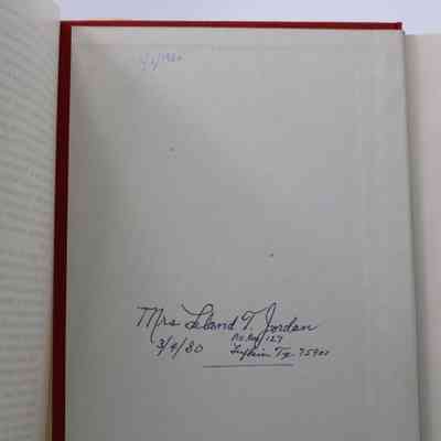 Inside Signature: Inside “Fall of the Peacock Throne” is a signature in blue ink. The ink reads "Mrs. Leland T. Jordan 3/4/80 P.O. Box 117 Lufkin T.X. 75901."
