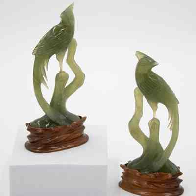 Pair of Carved Jade Bird Statuettes with Wooden Stands