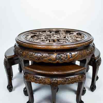 Round Carved Hong Kong Table with Nested Stools