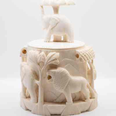 Ivory animal box: The ivory box features intricately carved lions, elephants, and trees.