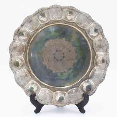 Large Silver Plate with Etched Mandala Design on Stand