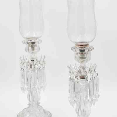 Pair of Baccarat Cut Crystal Candelabras with Hurricane Shades, Bobeche and 12 Prisms