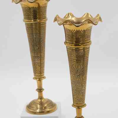 Pair of Tall Brass Vases with Peacock Design and Scalloped Edge