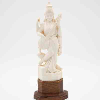 Large Carved Ivory Figure of Hindu Goddess Saraswati Mounted on Wooden Base