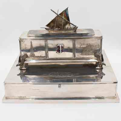Silver Casket Humidor with Silver Pedestal and Kuwaiti Dhow and Book with Signatures of Employees from Kuwait Oil Company