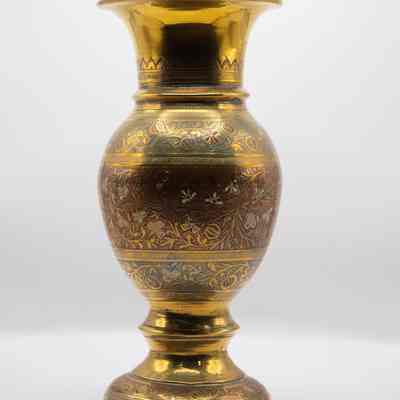 Small Urn-Shaped Brass Vase with Blue and Red Enameled Floral Design