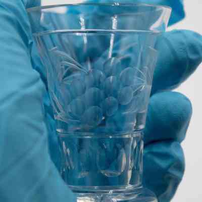 Image of single glass: Close up image of glass, with etching of grapes and leaves in the glass more clearly visible. There are also etched circles that line the lower half of the glass.